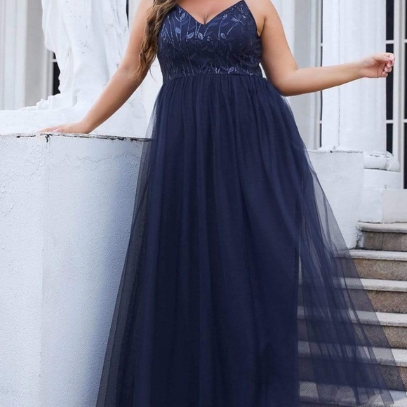 Ever Pretty Dresses & Skirts - NWOT Navy Ever Pretty Soft Spaghetti Straps V-Neck Embroidery Evening Dress, 22